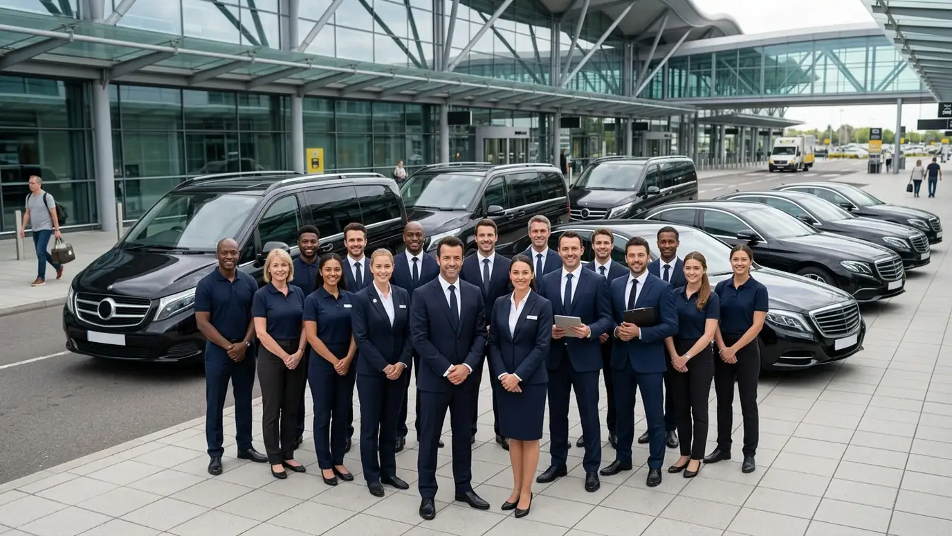 Group of minicab drivers standing in front of their cars