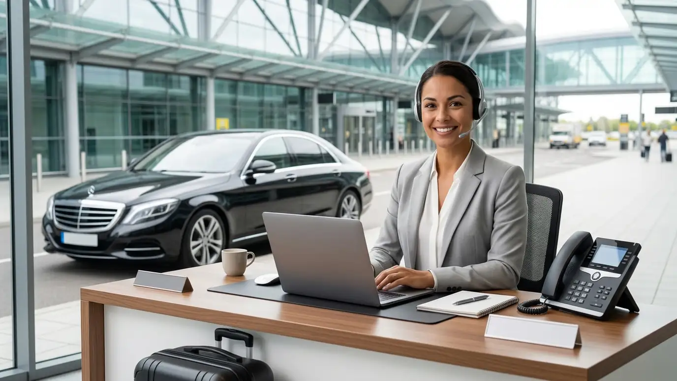 Booking assistant answering calls at a minicab booking desk