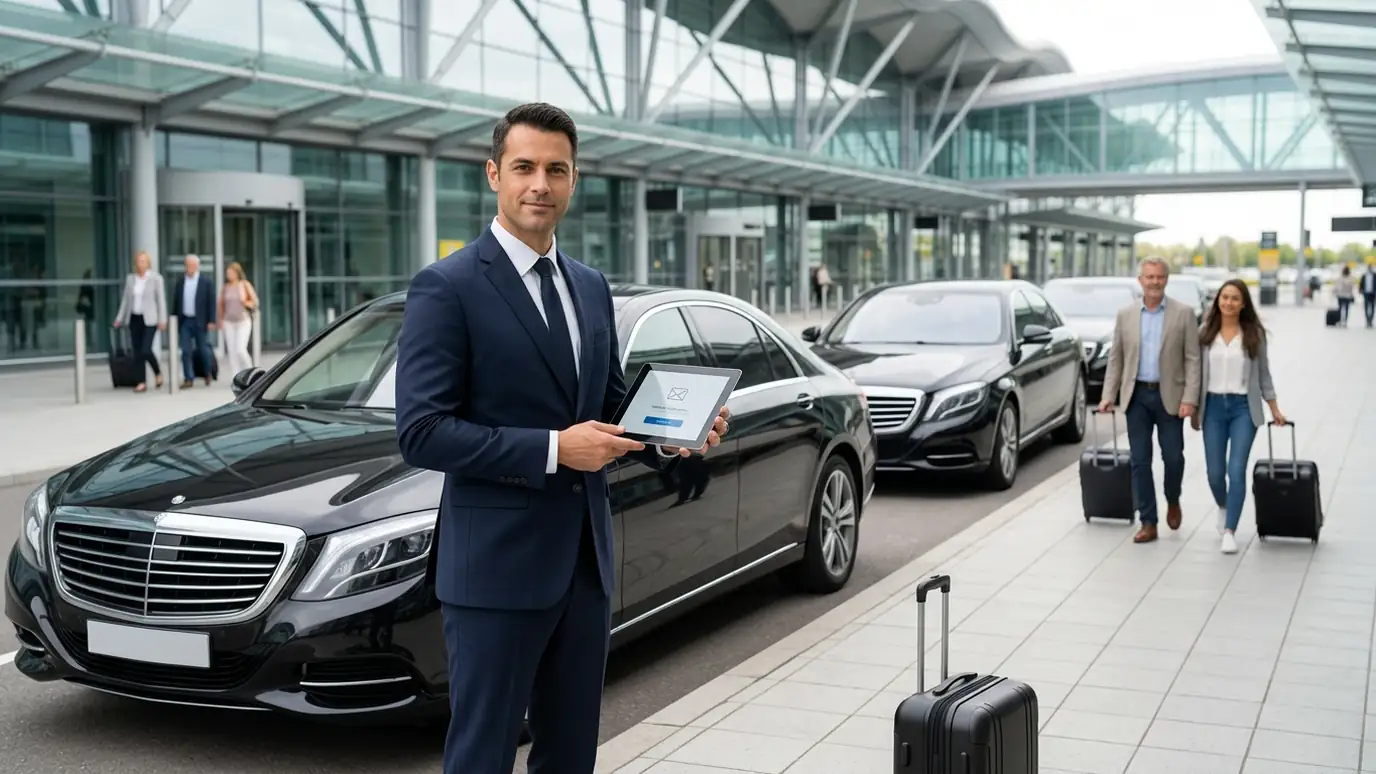 Minicab driver standing beside a clean saloon car