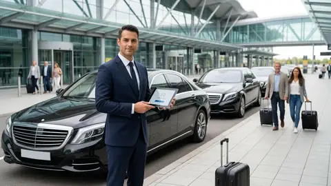 Minicab driver standing beside a clean saloon car