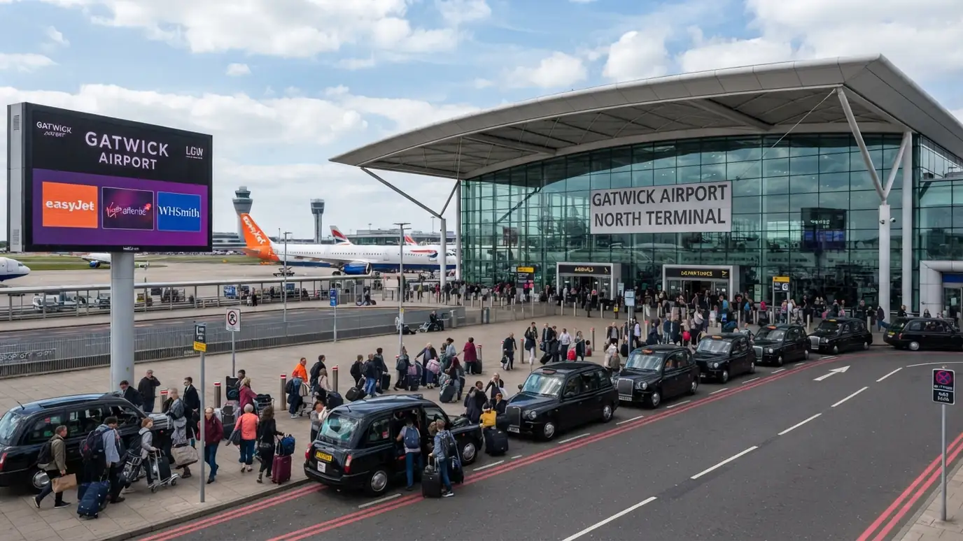 Passengers loading luggage into a minicab at Gatwick Airport