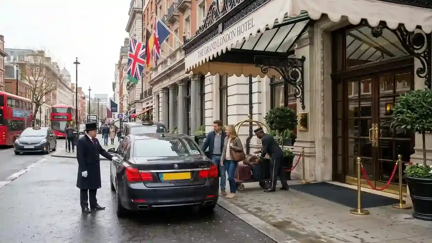 Car collecting passengers outside a hotel