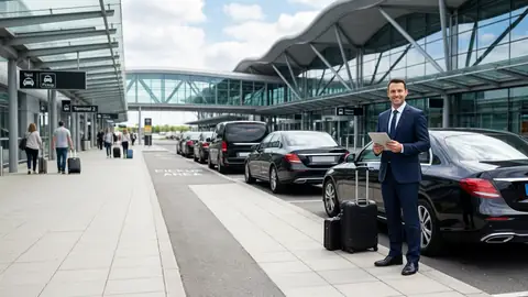 Minicab driver waiting beside a car at a pick-up point
