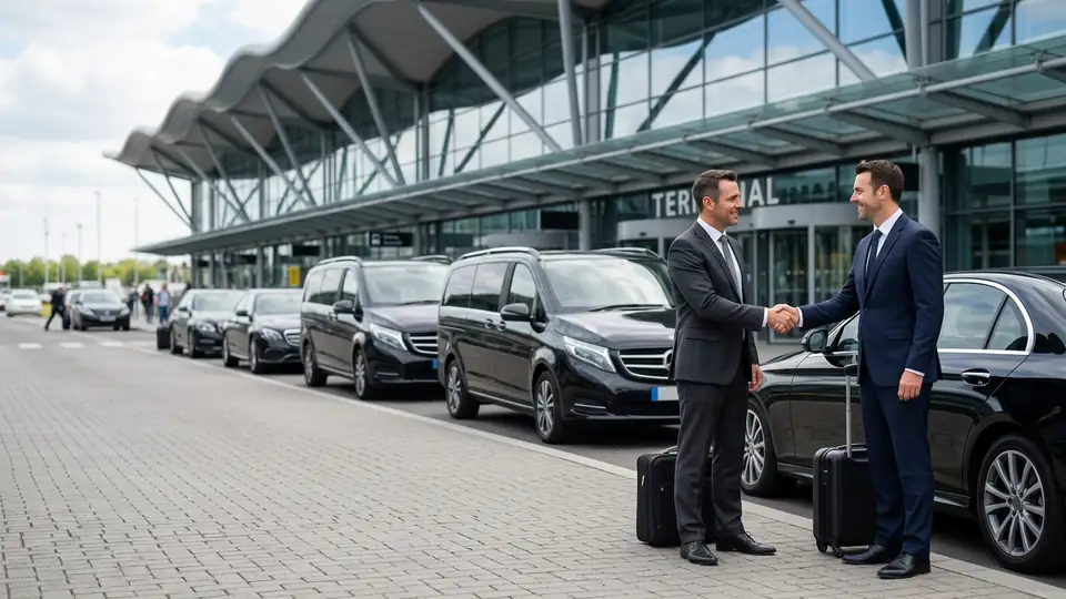 Two minicab drivers greeting each other beside their cars