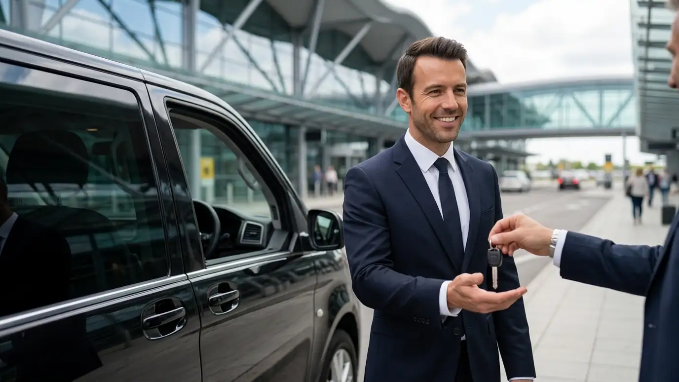 Minicab driver handing car keys to a colleague