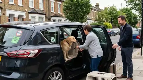 Dog climbing into a pet friendly minicab with its owner